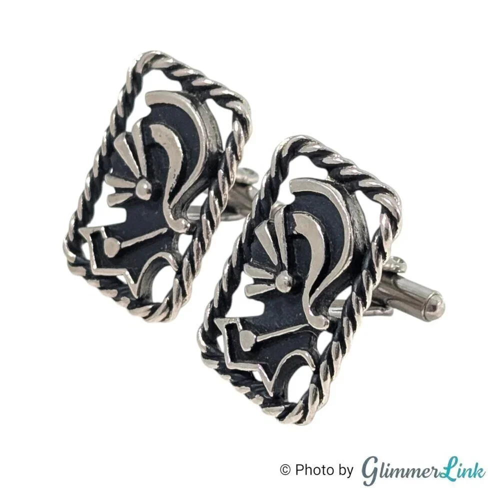 Vintage Knight Centurion Rectangular Rope Black Silver Tone MCM Cufflinks